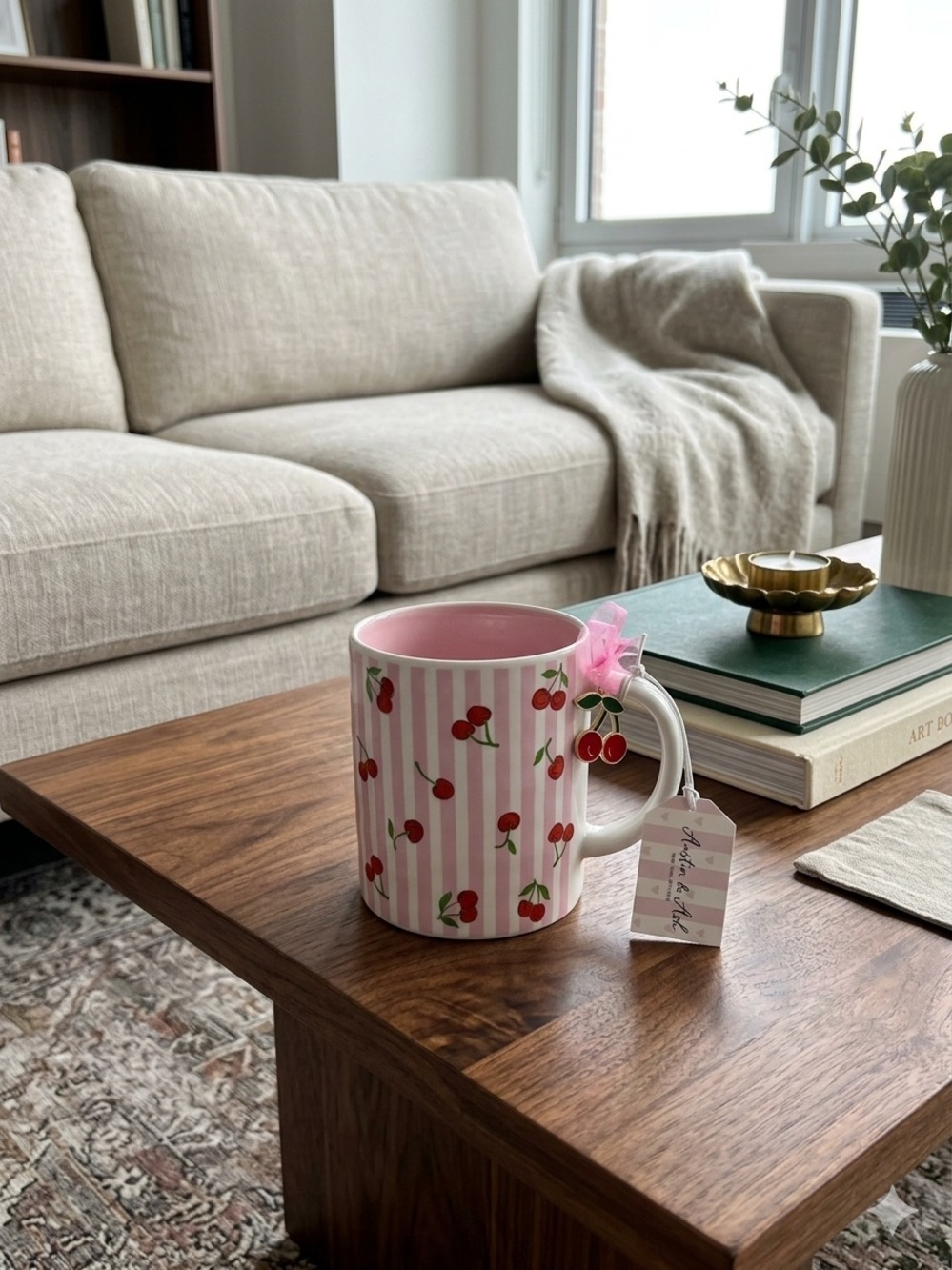 Cherry Stripe Ceramic Mug - Pink & Red - Picture 3 of 4